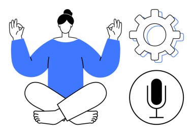 Nilüfer çiçeği pozunda meditasyon yapan bir kadın, yanında bir dişli ve mikrofonla. Sağlık, farkındalık, verimlilik, denge, teknoloji, özbakım ve basit bir iniş sayfası için ideal