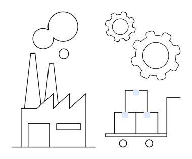 Sanayi fabrikası, vitesler ve kutularla dolu tramvay üretimi, otomasyonu ve teslimat döngülerini sembolize eder. Üretim, tedarik zinciri, endüstri, lojistik mühendisliği otomasyonu için ideal basit