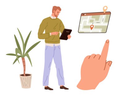 Adamın biri, üzerinde konum lobutları olan bir yön haritası olan bir tablet kullanıyor. Yakınlarda bir bitki ve işaret eden bir el var. Teknoloji, dijital navigasyon, kullanıcı etkileşimi, modern yaşam tarzı temaları için ideal