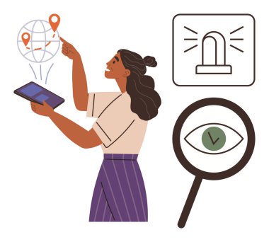Kadın elinde tablet tutarken harita iğnelerini gösteriyor. İğneli küre, işaretli gözlü büyüteç ve uyarı sembolü içerir. Navigasyon, teknoloji, güvenlik ve izleme için ideal