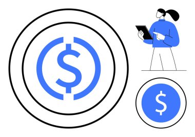 Mavi dolar sembolü eş merkezli yüzüklerin merkezinde, elinde tablet tutan profesyonel bir kadın. Finans, ekonomi, yatırım, fintech, tasarruf, bankacılık, dijital para sade iniş sayfası için ideal