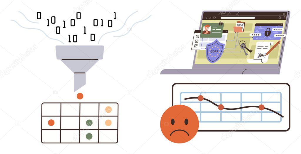 Vector of Binary input transforming into structured data, online security breach visualization, and downward trend graph with a sad emotion. Ideal for data analysis, cybersecurity, risk, decline, monitoring Binary input transforming into structured data, online security breach visualization, and downward trend graph with a sad emotion. Ideal for data analysis, cybersecurity, risk, decline, monitoring stock vector
