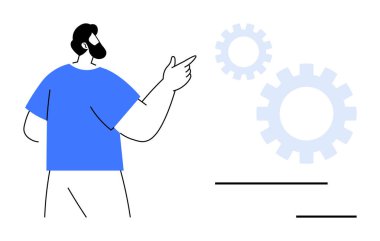 İnovasyon, takım çalışması ve süreç geliştirmeyi öneren büyük viteslere bakan kişi. Takım çalışması, teknoloji, verimlilik, iş akışı, yenilik üretkenliği ve strateji için ideal. Basit düz