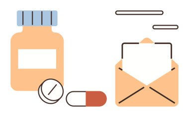 İçinde haplar olan ilaç şişesi açık bir zarfın yanında yazışmaları akla getiriyor. Sağlık, iletişim, dağıtım, eczane, reçete hizmetleri, teletıp, sağlık hizmetleri için ideal