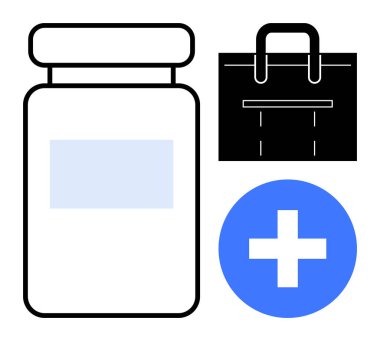 İlaç kavanozu, siyah tıbbi bavul ve sağlık ve sağlık için mavi çapraz aksan sembolleri. Eczane, tedavi, hastane, ilk yardım, sağlık hizmetleri, sağlık malzemeleri için ideal. Temiz daire