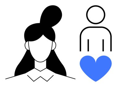 Topuzlu kadın portresi, soyut insan figürü ve mavi kalp. İlişki, empati, bağlantı, cinsiyet eşitliği, sağlık hizmetleri, sosyal medya sade iniş sayfası için ideal