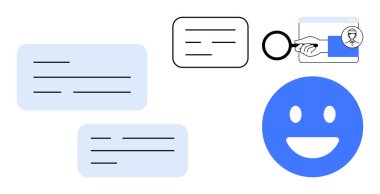 Konuşma baloncukları, mutlu duygu simgeleri ve içerik tarayıcı arayüzünü büyüten büyüteç. İletişim için ideal, kullanıcı geribildirimi, analitik, müşteri memnuniyeti, yorumlar, etkileşim basit