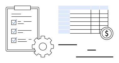Kontrol listesi olan pano, ayarları sembolize eden vites, dolar simgesi olan hesap tablosu. Görev yönetimi, finans, üretkenlik, planlama, bütçeleme, veri analizi için ideal basit iniş sayfası