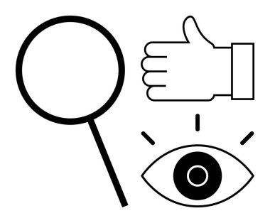 Büyüteç, vurgu çizgileri olan göz ve baş parmaklar. Temalar için ideal keşif, geri bildirim, arama, analiz, görüş, kullanıcı deneyimi basit iniş sayfası