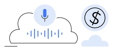 Mikrofon, ses dalgası ve dolar işaretleri olan bulut, ses akışı, bulut depolama ve para kazanmayı temsil eder. Teknoloji, iş, finans, yenilik sesi için ideal YZ podcast