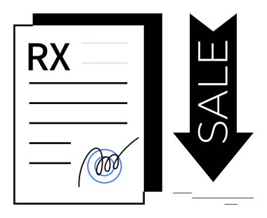 Satış etiketli, aşağıya doğru inen okun yanında imzası olan tıbbi reçete kağıdı. Bütçeyi, sağlık tasarruflarını, ekonomik rahatlamayı vurguluyor. Eczane için ideal, sağlık hizmetlerine erişim, maliyet düşüşü