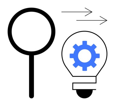 Bir ampulün yanında büyüteç, içinde vites simgesi ve üstünde ileri oklar olan bir ampul. Araştırma, yenilik, analiz, çözümler, teknoloji, büyüme ve yaratıcılık kavramları için idealdir. Modern basit