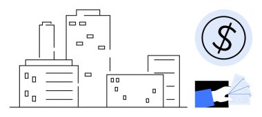 Şehir silueti binaları doğrusal stil, dolar işareti ve para ile el ele. Gayrimenkul, iş yatırımı, mali planlama, kurumsal büyüme, krediler, kentsel kalkınma için ideal