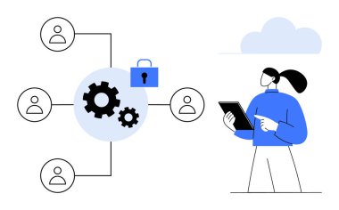 Kullanıcı simgeleri, vitesleri ve kilitle bağlı halkaların yanında tablet tutan kadın. Takım çalışması, işbirliği, proje yönetimi, bilişim güvenliği, bulut teknolojisi, dijital dönüşüm için ideal basit