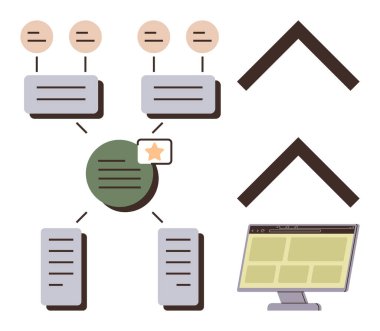 Mesaj kutuları ve simgelere bağlı merkez merkezi, bir mesajda yıldız, oklar ve monitör. Veri akışı, iletişim, organizasyon, takım çalışması, analiz yapısı için ideal basit düz