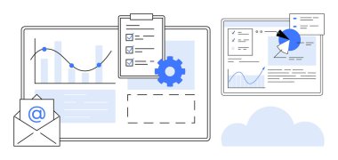 Grafik, kontrol listesi, teçhizat, e-posta ikonu ve bulut vurgusu veri analizi ve iş akışı organizasyonu. Analiz, üretkenlik, gelişme, bulut hesaplama takım çalışması için ideal dijital araçlar