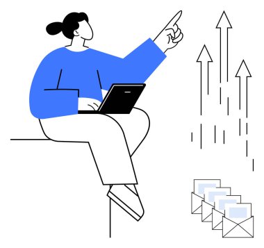 Elinde dizüstü bilgisayarla oturan, yanında e-postalar olan yukarı doğru oklara işaret eden biri. İş, büyüme, verimlilik, iletişim, hedefler, strateji yeniliği için idealdir. Temiz düz metafor