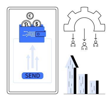 Mobil ekranda dijital cüzdan, bozuk para, gönderme tuşu, yukarı doğru oklar, takım dağıtım şeması ve çubuk grafiği var. Finans, fintech, dijital ödeme iş büyütme ekibi yönetimi için ideal