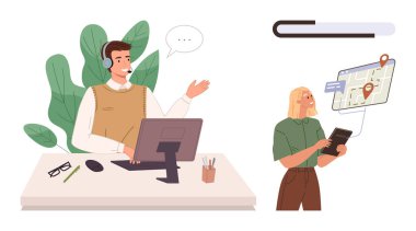 Resepsiyondaki destek ajanı müşteriye harita ve lokasyon iğneleriyle tablet kullanmasında yardımcı oluyor. Müşteri hizmetleri, teknik yardım, iletişim, GPS navigasyon, takım çalışması, kullanıcı deneyimi, basit düz alan