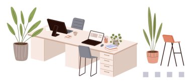 Dizüstü bilgisayarlar, ofis sandalyeleri, kahve fincanı, defterler, yeşil bitkiler ve yüksek bir tabure. Takım çalışması, üretkenlik, minimalizm yaratıcılığı, uzaktan kumandalı iç tasarım için ideal