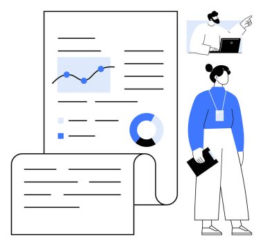 Grafikler, pasta grafiği ve metin içeren veri raporu, planlar üzerinde çalışan ve tartışan iki ekip üyesi eşliğinde. Takım çalışması, analiz, iş stratejisi, veri içgörüsü, rapor oluşturma için ideal