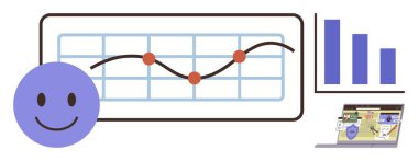 Çizgi grafik, bar çizelgesi ve proje görselleri olan dizüstü bilgisayarın yanında mutlu yüz. İş için ideal, veri analizi, başarı, takım çalışması, yenilikçi ilerleme eğitimi. Basit düz metafor
