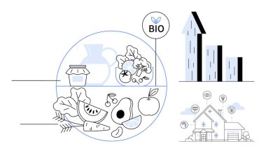 Taze sebzeler ve meyveler, bir biyoloji rozeti yükselen bir bar çizelgesi ve sürdürülebilir enerji düğümleri olan bir ev. Ekoloji, sürdürülebilirlik, organik tarım, eko-yaşam, yenilenebilir enerji sağlığı için ideal