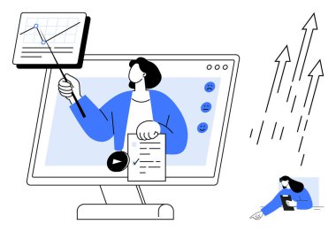 Sunucu ekranda bir çizelgeyle büyüme stratejilerini açıklıyor, bir kontrol listesi tutuyor. İlerlemeyi sembolize eden oklar içerir. Eğitim, strateji, ilerleme, analitik, eğitim, takım çalışması için ideal