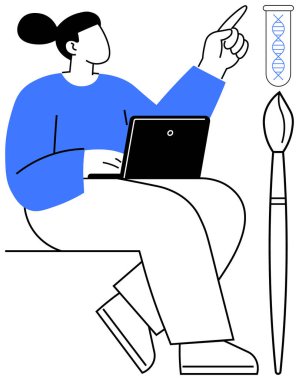 Dizüstü bilgisayarda çalışan biri, test tüpündeki DNA ipliğine işaret ediyor. Boya fırçası yaratıcılığı simgeler. Bilim, teknoloji, yenilik, eğitim, sanat araştırmaları yaratıcılığı için idealdir. Minimalist daire