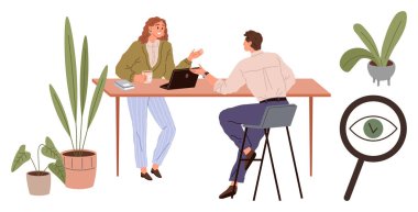 İki iş arkadaşı bir masada kahve ve bir dizüstü bilgisayarla etkileşime giriyor, etrafı saksı bitkileriyle çevrili. Gözü olan bir büyüteç içgörü ve odaklanmayı temsil eder. Takım çalışması, verimlilik ve işbirliği için ideal