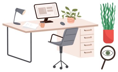 Monitörü, lambası ve kağıtları olan modern bir masa. Ofis sandalyesi, bitkiler ve büyüteçle eşleştirilmiş. Ofis kurma, üretkenlik, sürdürülebilirlik yaratıcılık, uzaktan çalışma minimalizmi için ideal