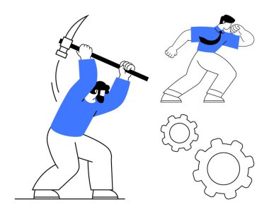 Başka bir gözlemci ve mekanik dişliler yakınlarda süzülürken bir adam kazmayla saldırıyor. Endüstri, takım çalışması, işçilik, inşaat, üretkenlik, çaba ve basit bir iniş sayfası için ideal
