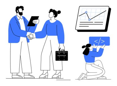 İş adamları el sıkışıyor, analitik grafiği ekranda, geliştirici kodlaması. Takım çalışması, üretkenlik, iş büyümesi, veri analizi, teknoloji ve ortaklık için ideal basit iniş sayfası