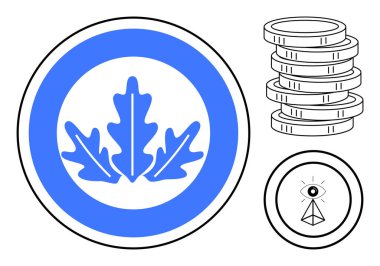 Dairesel çerçevede mavi meşe yaprağı amblemi, bozuk para yığını, soyut göz piramidi sembolü. Finans, doğa, sürdürülebilirlik, büyüme, yatırım, ekoloji için ideal düz metafor