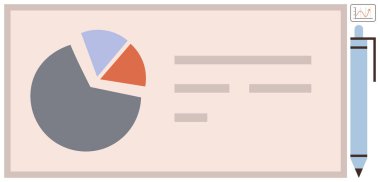 Üç bölümlü pasta tablosu, notlar için metin satırları ve veri sunumu, analiz ve raporları sembolize eden bir kalem. İş, eğitim, araştırma planlama stratejisi ve organizasyon için ideal. A