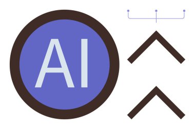 Mavi çemberdeki yapay zeka, veri akışı, yenilik, otomasyon, dijital araçlar, fütüristik tasarım, düz metafor ve yapay zekayı temsil eder.