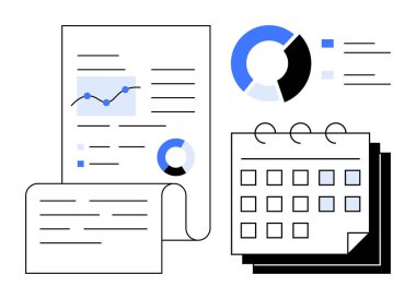 Grafikler, pasta grafikleri ve takvim sayfalarının yer aldığı belgeler veri sunumunu, zamanlamasını ve planlamasını vurgular. Yönetim, analiz, üretkenlik, araştırma finansmanı iş akışı stratejisi için ideal