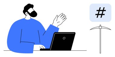 Dizüstü bilgisayar, meta veri etiketi simgesi ve dijital madenciliği, engelleme zincirini, kripto para birimini, teknoloji tartışmalarını sembolize eden kazma hareketi yapan adam. Fintech, yenilik ve takım çalışması verileri için ideal