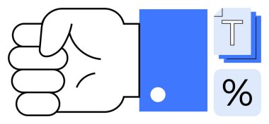 İletişim, hesaplamalar, kararlılık, takım çalışması, veri işleme, hedef başarısı ve karar verme mekanizmasını temsil eden belge yığınının yanında kapalı bir yumruk ve yüzde bir sembol. Basit için ideal