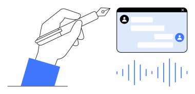 Elinizde dolmakalem, kullanıcı profili ikonlarıyla sohbet kutusu ve ses dalgası grafikleri var. İletişim, yaratıcılık, mesajlaşma, yazma, teknoloji, iş sade iniş için ideal