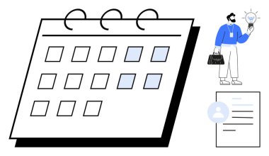 İşaretli tarihli takvim, elinde ampul ve profil dokümanı olan evrak çantalı adam. Zamanlama için ideal, zaman yönetimi, yaratıcılık, yenilik, üretkenlik stratejisi organizasyonu. A