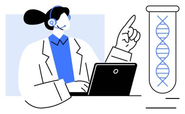 Bilgisayar üzerinde çalışan bir kulaklık takan bilim adamı test tüpündeki DNA sarmalını işaret ediyor. Genetik, araştırma, yenilik, teknoloji, iletişim, eğitim biyoteknolojisi için idealdir. Basit bir daire.