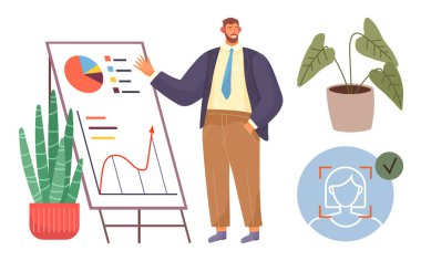 Kapalı alan bitkileri ve yüz tanıma ikonu eşliğinde bir tablo ve grafikle istatistik sunan bir adam. İş, teknoloji, çevre, büyüme, analitik için ideal