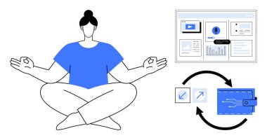 Kadın, veri gösterge paneli, yatırım simgeleri ve cüzdan döngüsüyle meditasyon yapıyor. Finansal planlama için ideal, dijital ekonomi, zenginlik dengesi, farkındalık, yatırım, üretkenlik basit