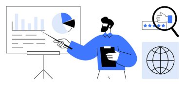 Haritalar ve grafikler sunan, küresel eğilimleri vurgulayan, geri bildirim değerlendirmeleri ve değerlendirme ölçümleri yapan adam. Analiz, sunum, eğitim, strateji, liderlik araştırması ve planlama için ideal