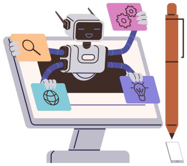 Çoklu kollu robot arama, ayar, ağ ve fikir görüntülerini bilgisayar ekranında tutuyor. AI entegrasyonu, yenilik, üretkenlik, otomasyon, web geliştirme dijital araçları için ideal