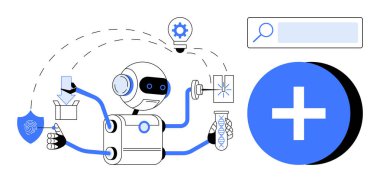 Görevleri yönetmek için birden fazla kolu kullanan robot testleri, yenilikleri ve veri girişini onaylıyor. Teknoloji için ideal, yapay zeka, robotik, sağlık, yenilik, araştırma ve basit