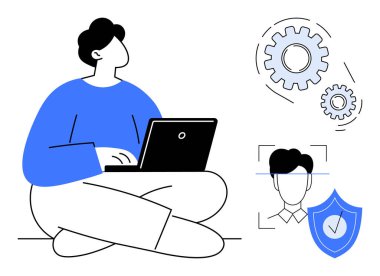 Dizüstü bilgisayar, vites, yüz tanıma ikonu ve güvenlik kalkanı kullanan bir birey. Teknoloji, veri, yenilik, kimlik koruması, otomasyon sanal güvenlik için ideal
