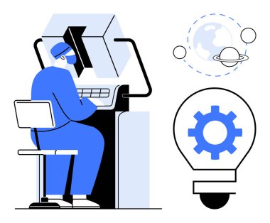 Fütürist bilgisayar üzerinde çalışan araştırmacı, uzay keşfi için kozmik elementler, yenilik için ampul dişli sembolü. Teknoloji, yenilik, araştırma, bilim, uzay, geliştirme için ideal