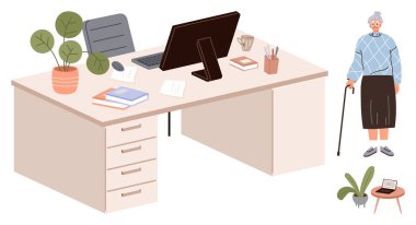 Masa, bilgisayar, kitaplar, bitkiler, kırtasiye malzemeleri ve baston tutan yaşlı bir kadın. İş-yaşam dengesi, kapsayıcılık, yaşlanan nüfus verimliliği ev ofisi için ideal